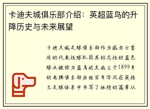 卡迪夫城俱乐部介绍：英超蓝鸟的升降历史与未来展望